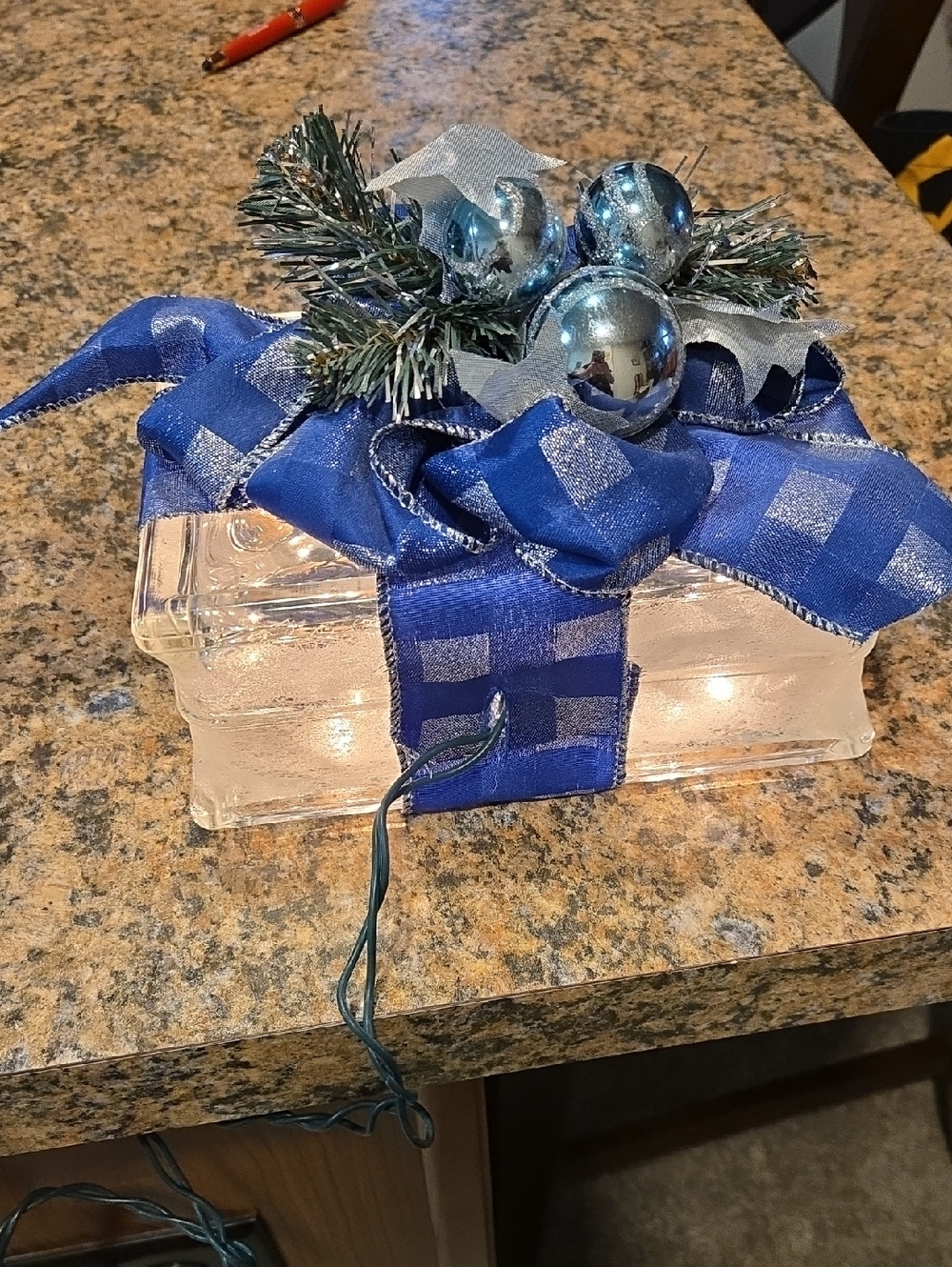 Blue Holiday Glass Present with Ribbon and Ornaments